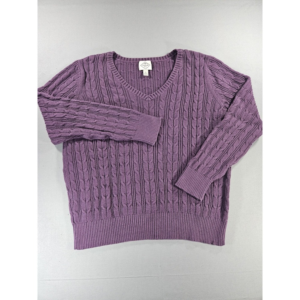 St John's Bay Purple Cable Knit V Neck Sweater Soft Preppy Pullover Womens XL